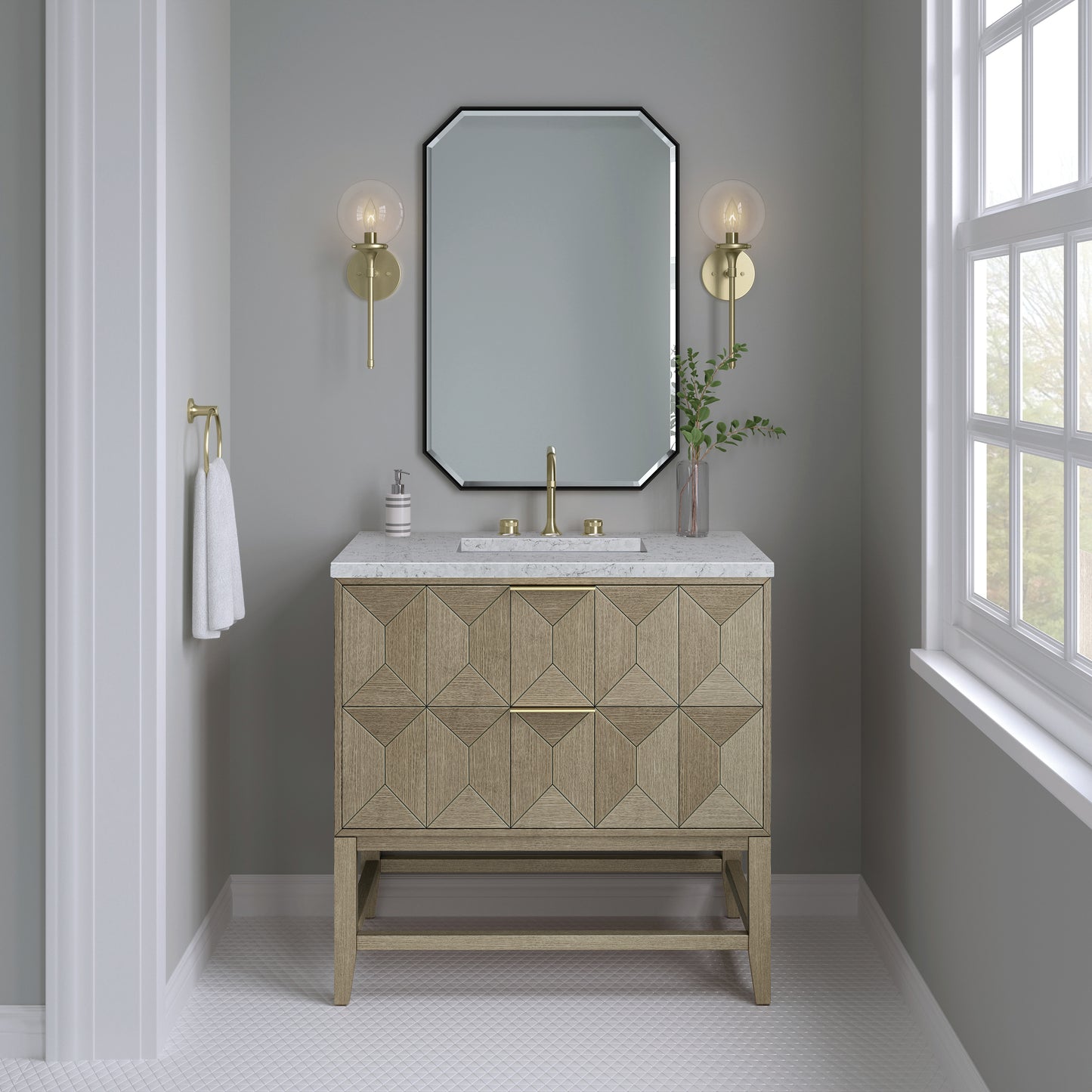 Emmeline 36" Single Vanity, Pebble Oak w/ 3CM Eternal Jasmine Pearl Top James Martin Vanities