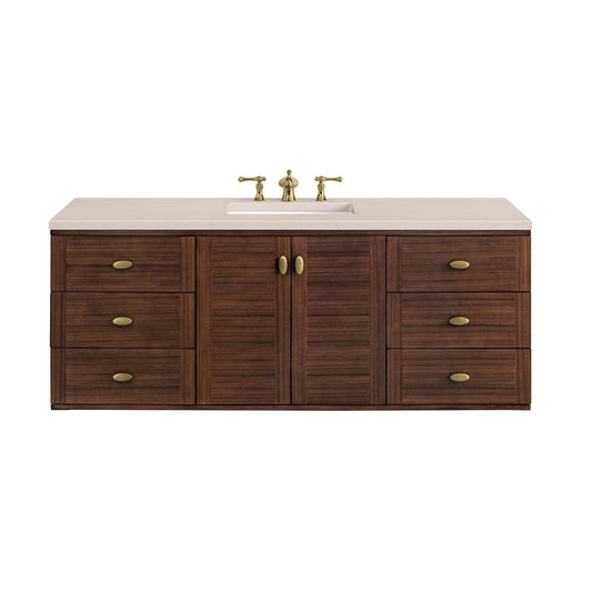Amberly 60" Single Vanity, Mid-Century Walnut w/ 3CM Eternal Marfil Top James Martin Vanities