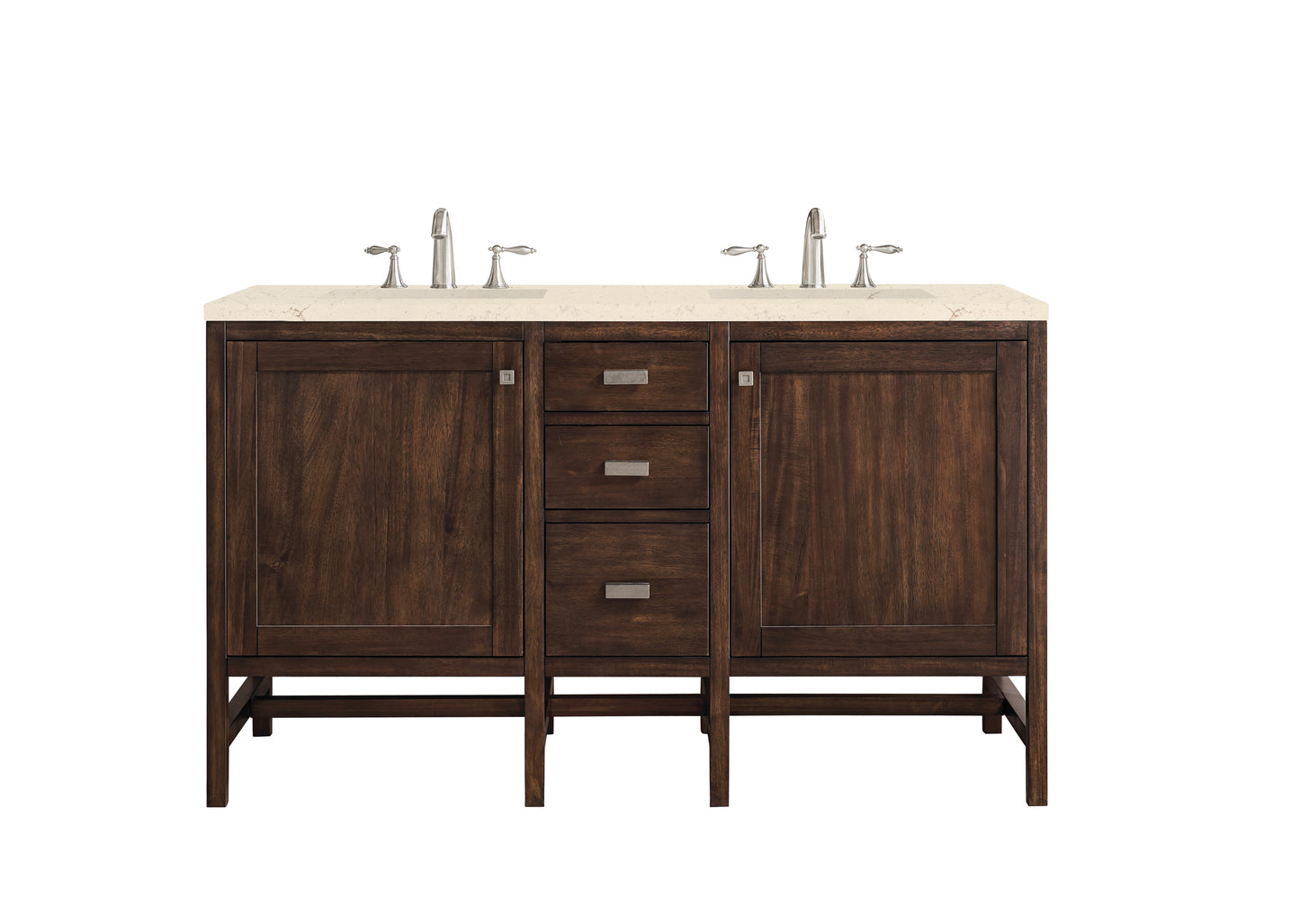 Addison 60" Double Vanity Cabinet, Mid Century Acacia, w/ 3 CM Eternal Marfil Quartz Top James Martin Vanities