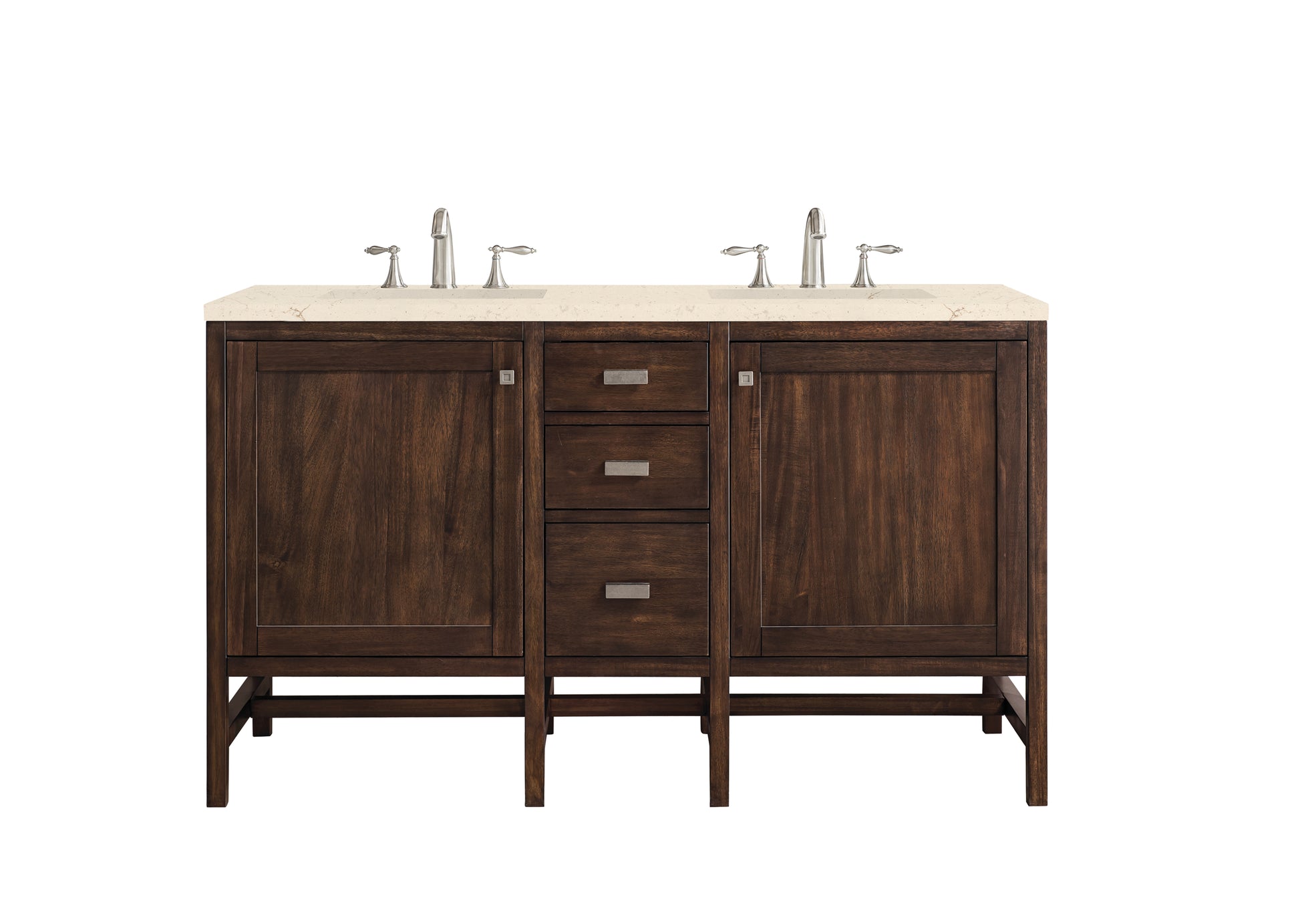 Addison 60" Double Vanity Cabinet, Mid Century Acacia, w/ 3 CM Eternal Marfil Quartz Top James Martin Vanities