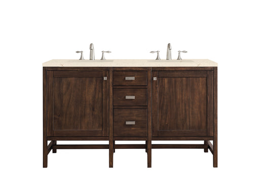 Addison 60" Double Vanity Cabinet, Mid Century Acacia, w/ 3 CM Eternal Marfil Quartz Top James Martin Vanities