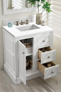 De Soto 30" Single Vanity, Bright White w/ 3 CM White Zeus Quartz Top James Martin Vanities