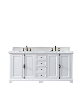 Providence 72" Bright White Double Vanity w/ 3 CM Carrara Marble Top James Martin