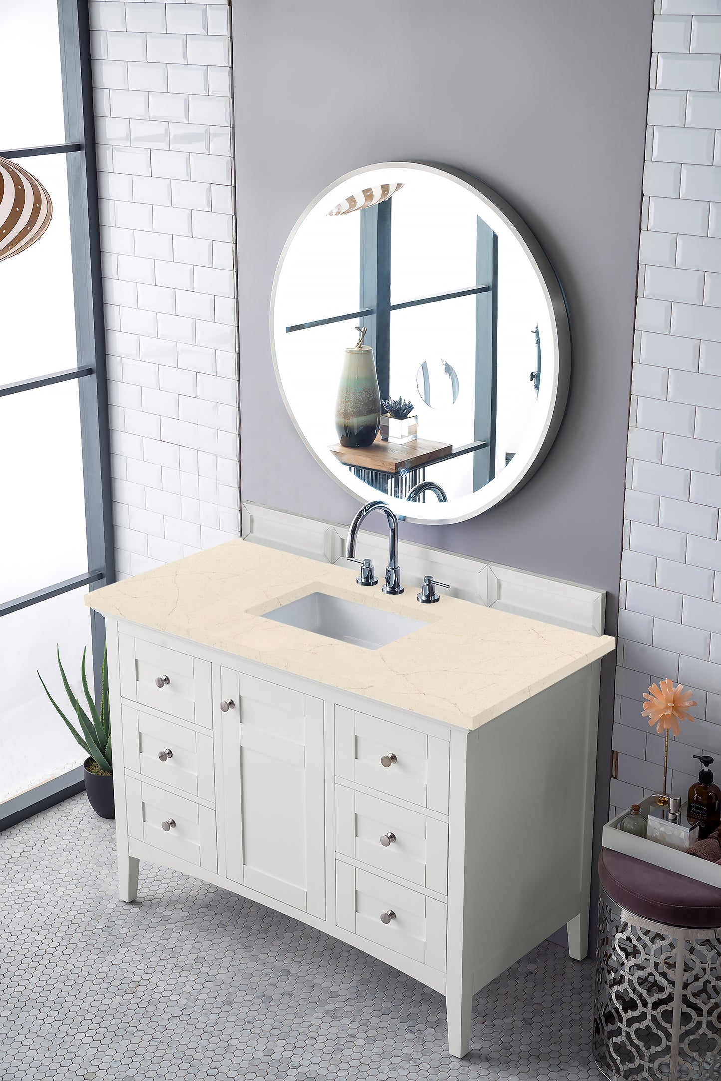 Palisades 48" Single Vanity, Bright  White, w/ 3 CM Eternal Marfil Quartz Top James Martin Vanities