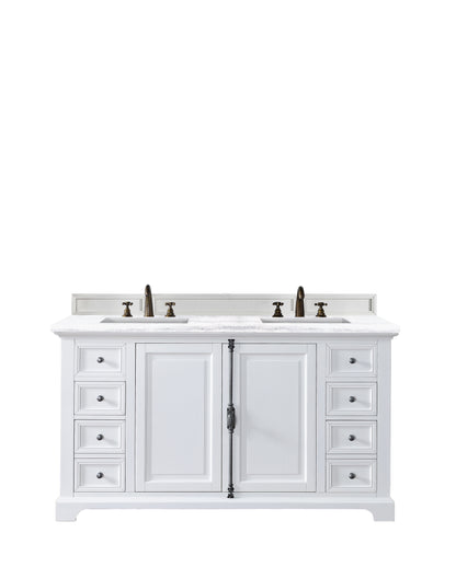 Providence 60" Bright White Double Vanity w/ 3 CM Arctic Fall Solid Surface Top James Martin