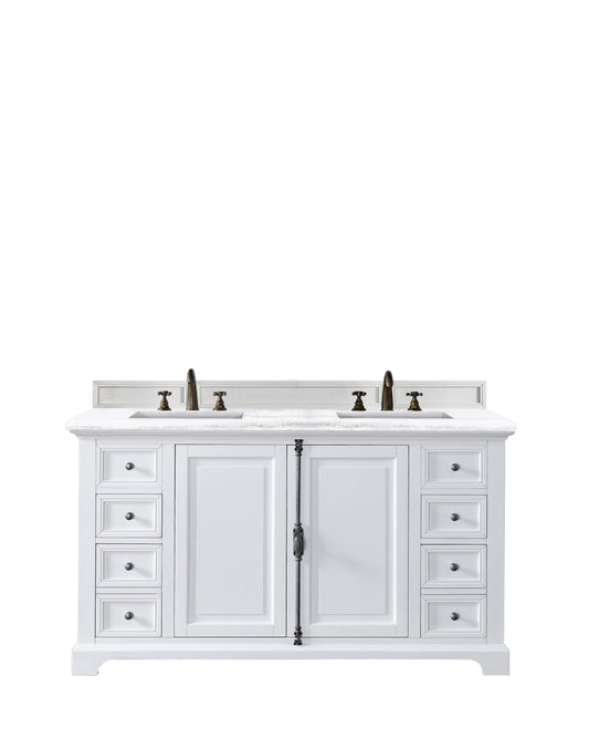 Providence 60" Bright White Double Vanity w/ 3 CM Arctic Fall Solid Surface Top James Martin