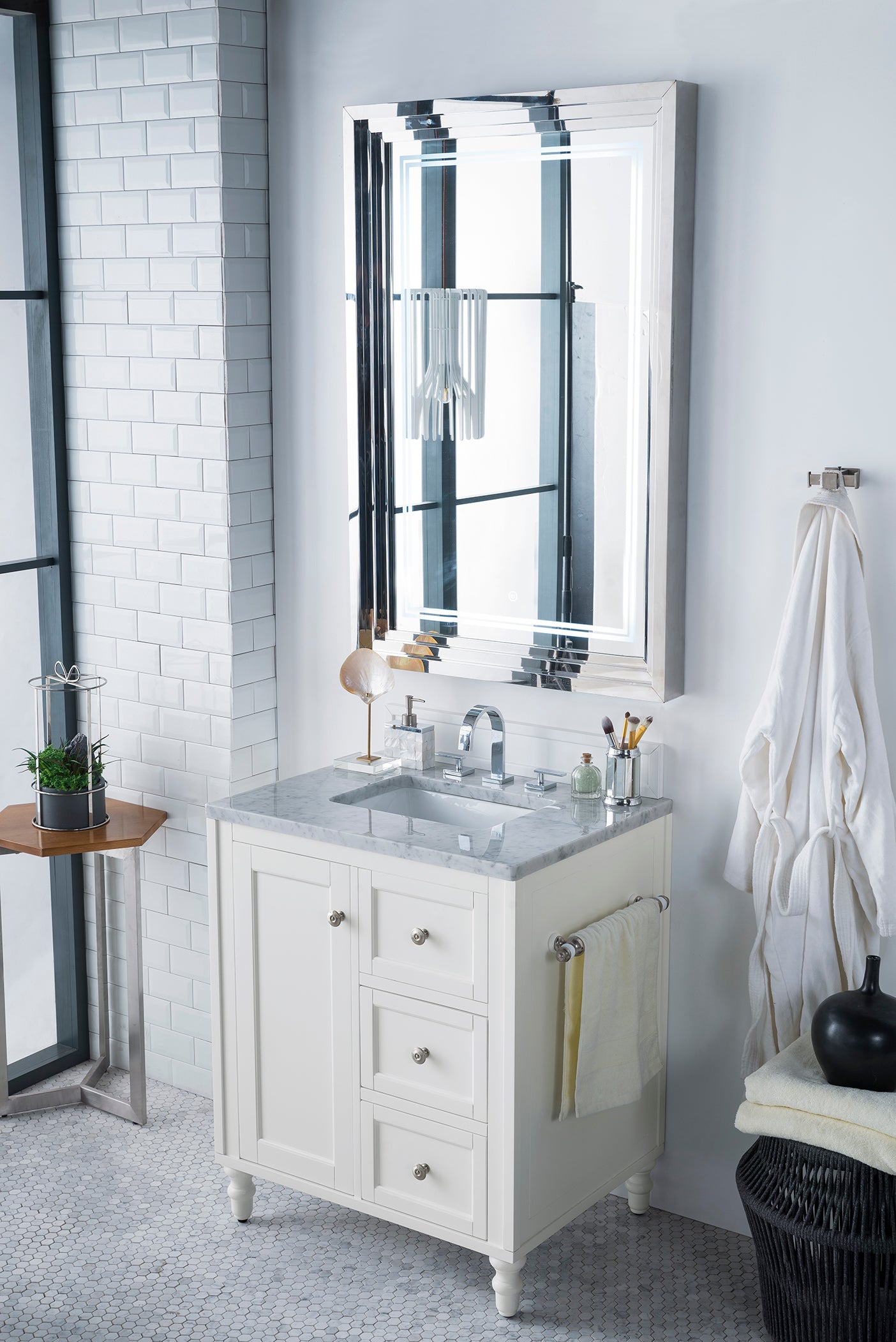 Copper Cove Encore 30" Single Vanity, Bright White w/ 3 CM Carrara Marble Top James Martin Vanities