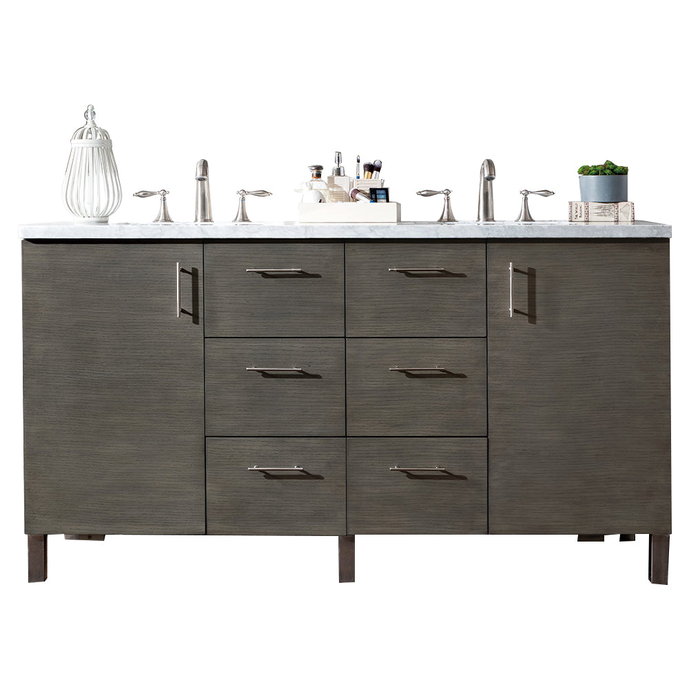 Metropolitan 60" Double Vanity, Silver Oak, w/ 3 CM Eternal Jasmine Pearl Quartz Top James Martin Vanities