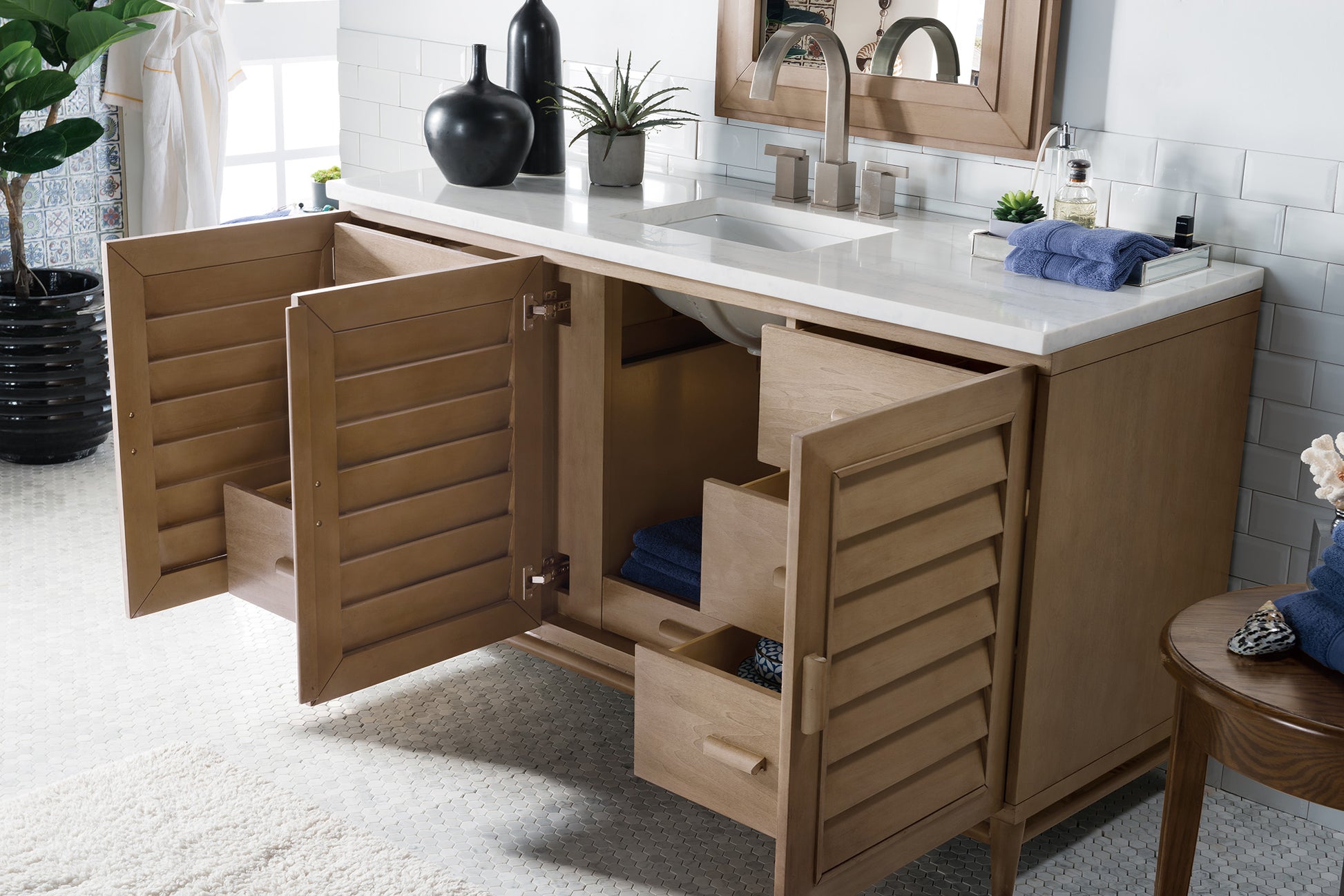 Portland 60" Single Vanity Whitewashed Walnut w/ 3 CM Arctic Fall Solid Surface Top James Martin Vanities