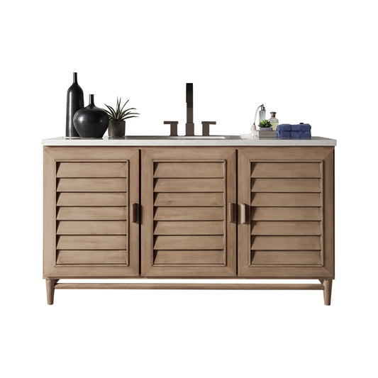 Portland 60" Single Vanity Whitewashed Walnut w/ 3 CM Arctic Fall Solid Surface Top James Martin Vanities