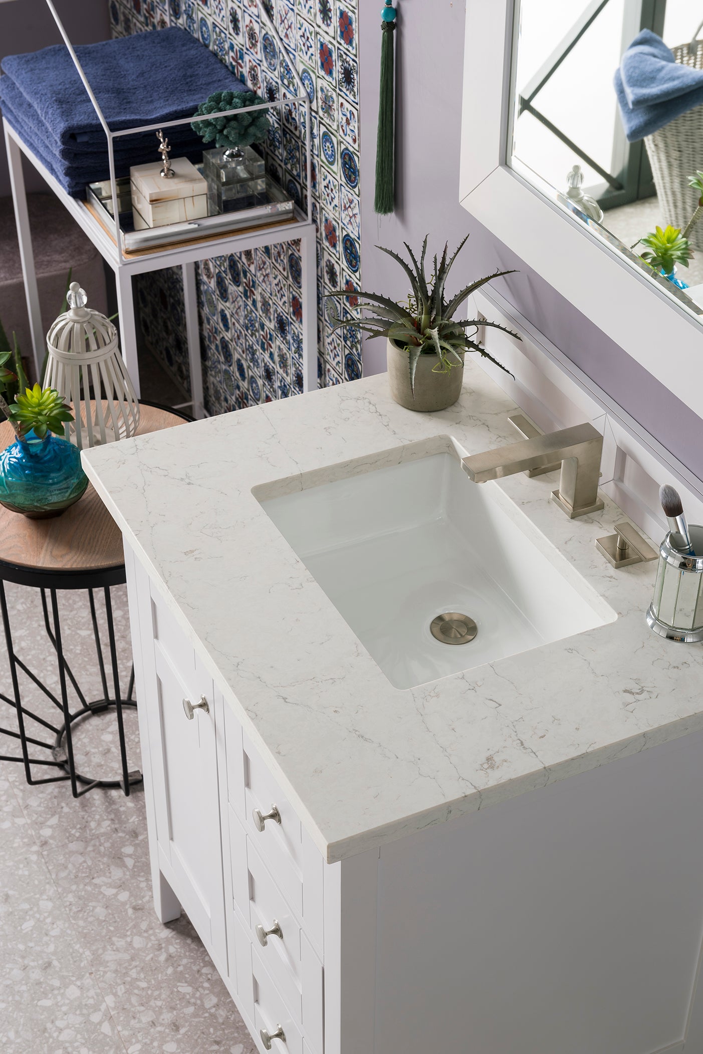 Palisades 30" Single Vanity, Bright White, w/ 3 CM Eternal Jasmine Pearl Quartz Top James Martin Vanities