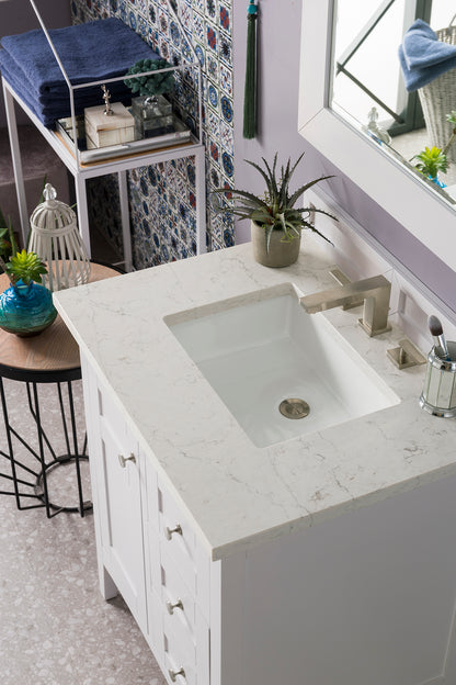 Palisades 30" Single Vanity, Bright White, w/ 3 CM Eternal Jasmine Pearl Quartz Top James Martin Vanities
