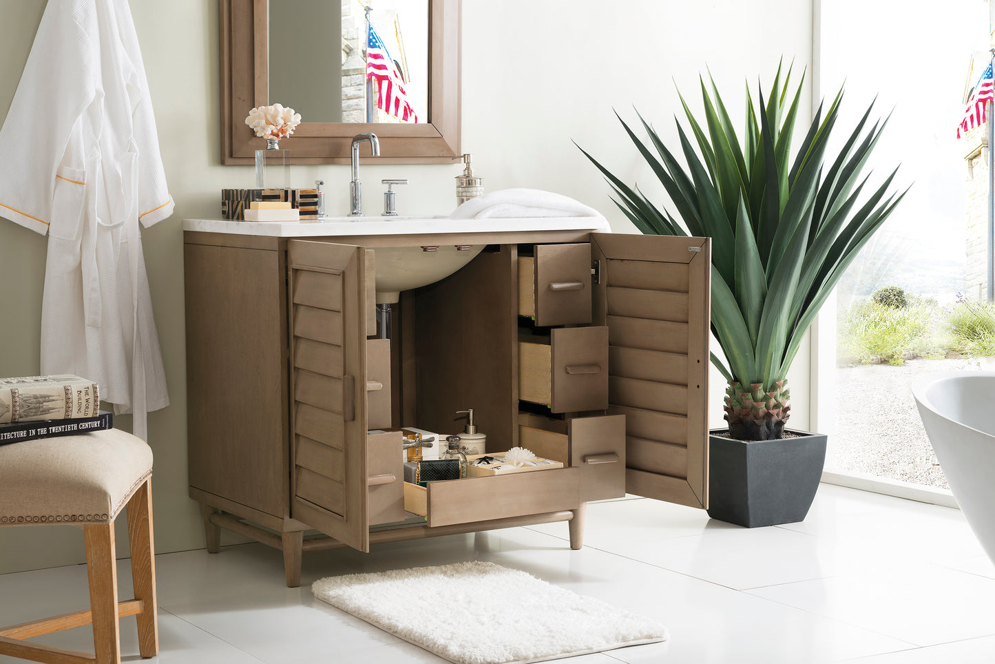 Portland 36" Single Vanity Whitewashed Walnut w/ 3 CM Arctic Fall Solid Surface Top James Martin Vanities