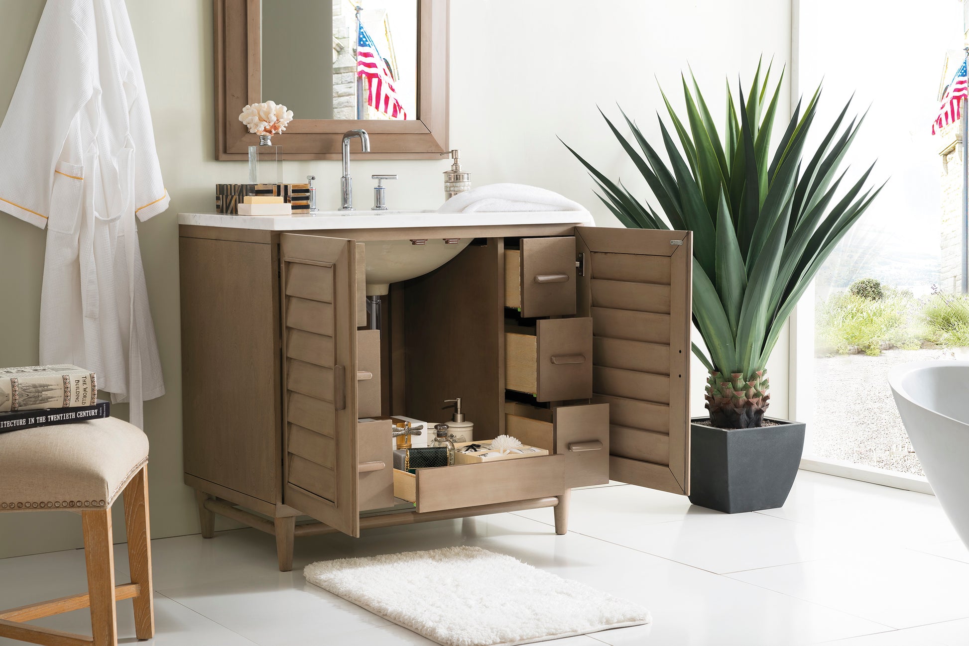 Portland 36" Single Vanity Whitewashed Walnut w/ 3 CM Arctic Fall Solid Surface Top James Martin Vanities
