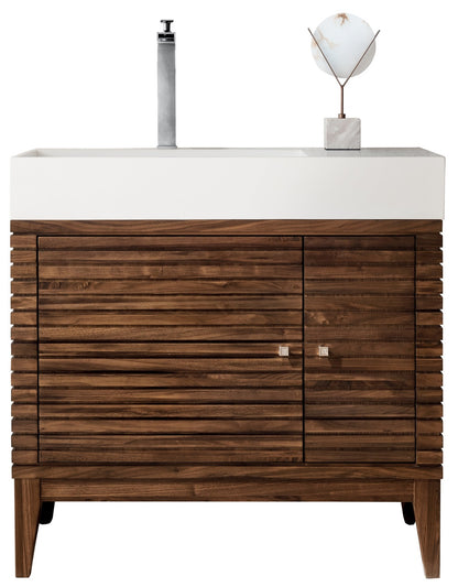 Linear 36" Single Vanity, Mid Century Walnut w/ Glossy White Composite Top James Martin Vanities