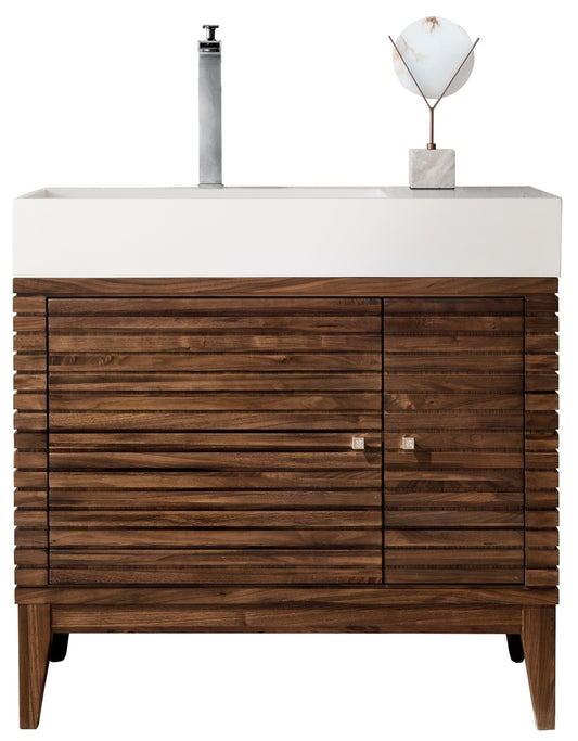 Linear 36" Single Vanity, Mid Century Walnut w/ Glossy White Composite Top James Martin Vanities