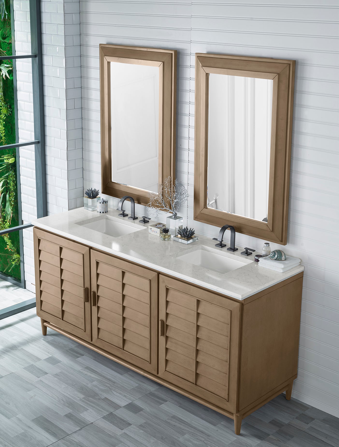 Portland 72" Double Vanity Whitewashed Walnut, w/ 3 CM Eternal Jasmine Pearl Quartz Top James Martin Vanities