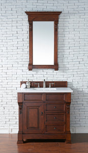 Brookfield 36" Single Vanity, Warm Cherry w/ 3 CM White Zeus Quartz Top James Martin Vanities