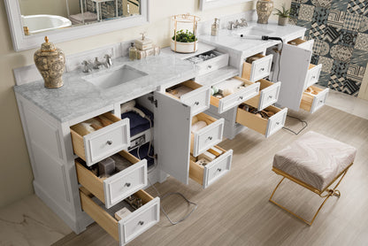 De Soto 118" Double Vanity Set, Bright White w/ Makeup Table, 3 CM Carrara Marble Top James Martin Vanities