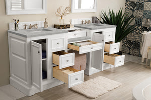 De Soto 82" Double Vanity Set, Bright White w/ Makeup Table, 3 CM Eternal Serena Quartz Top James Martin