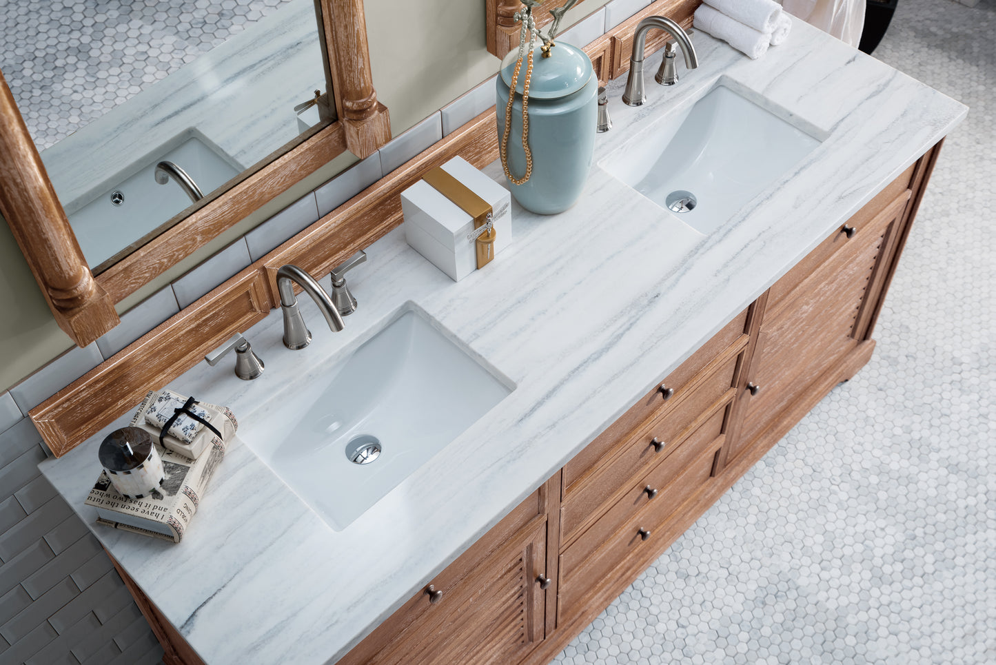 Savannah 72" Driftwood Double Vanity w/ 3 CM Arctic Fall Solid Surface Top James Martin Vanities