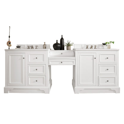 De Soto 94" Double Vanity Set, Bright White w/ Makeup Table, 3 CM White Zeus Quartz Top James Martin Vanities
