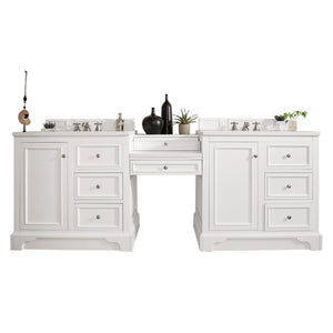 De Soto 94" Double Vanity Set, Bright White w/ Makeup Table, 3 CM White Zeus Quartz Top James Martin Vanities