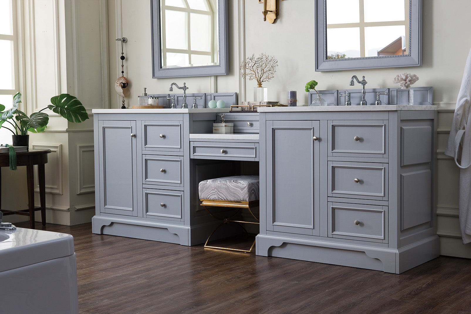 De Soto 94" Double Vanity Set, Silver Gray w/ Makeup Table, 3 CM Arctic Fall Solid Surface Top James Martin Vanities
