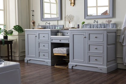 De Soto 94" Double Vanity Set, Silver Gray w/ Makeup Table, 3 CM Arctic Fall Solid Surface Top James Martin Vanities