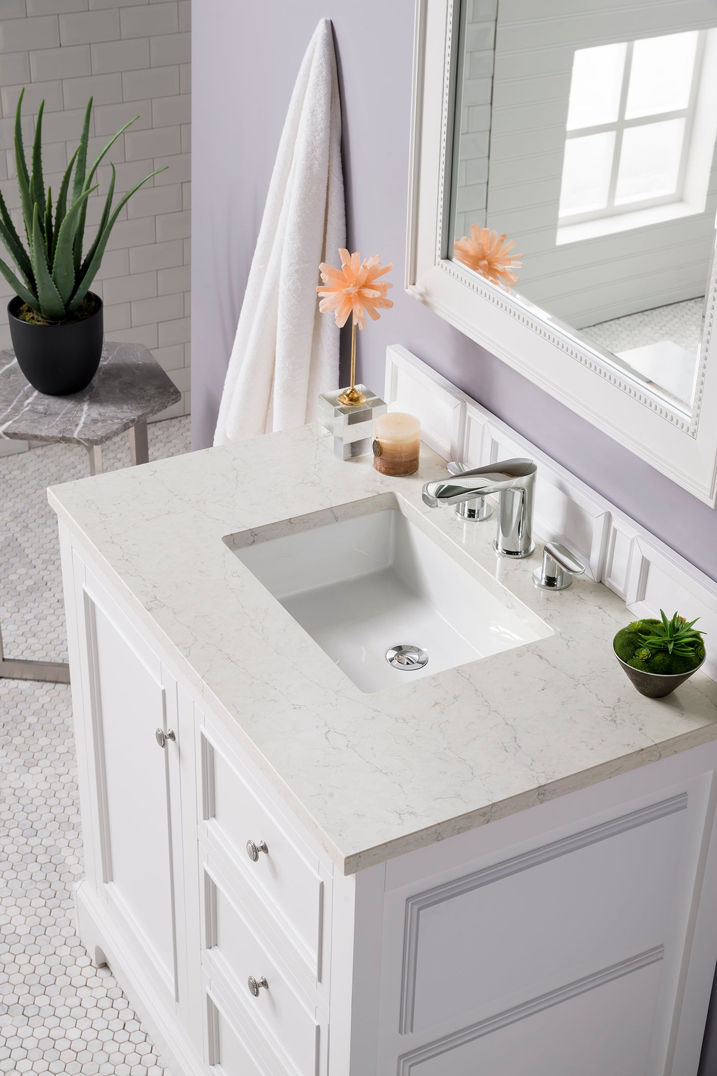 De Soto 36" Single Vanity, Bright White w/ 3 CM Eternal Jasmine Pearl Quartz Top James Martin Vanities