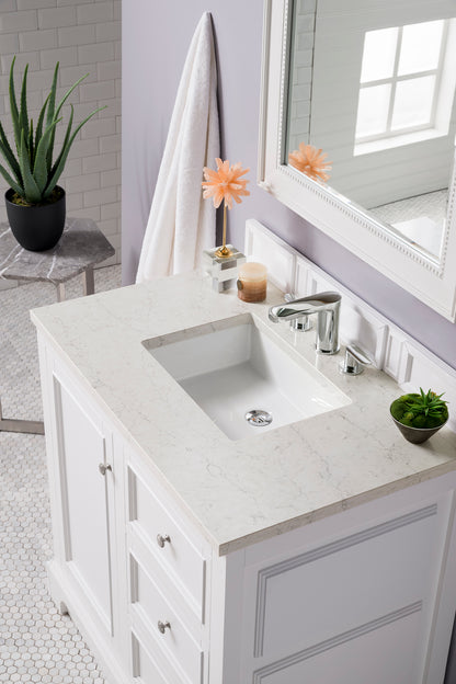 De Soto 36" Single Vanity, Bright White w/ 3 CM Eternal Jasmine Pearl Quartz Top James Martin Vanities