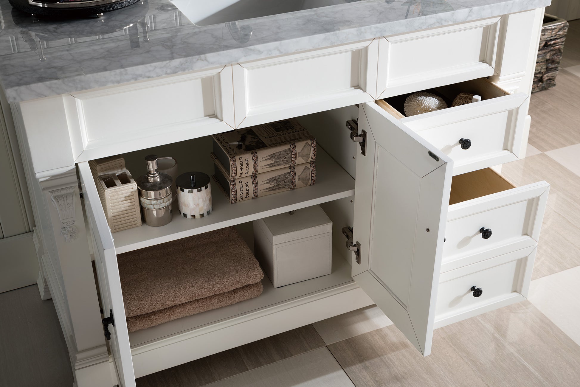 Brookfield 48" Single Vanity, Bright White w/ 3 CM Carrara Marble Top James Martin Vanities