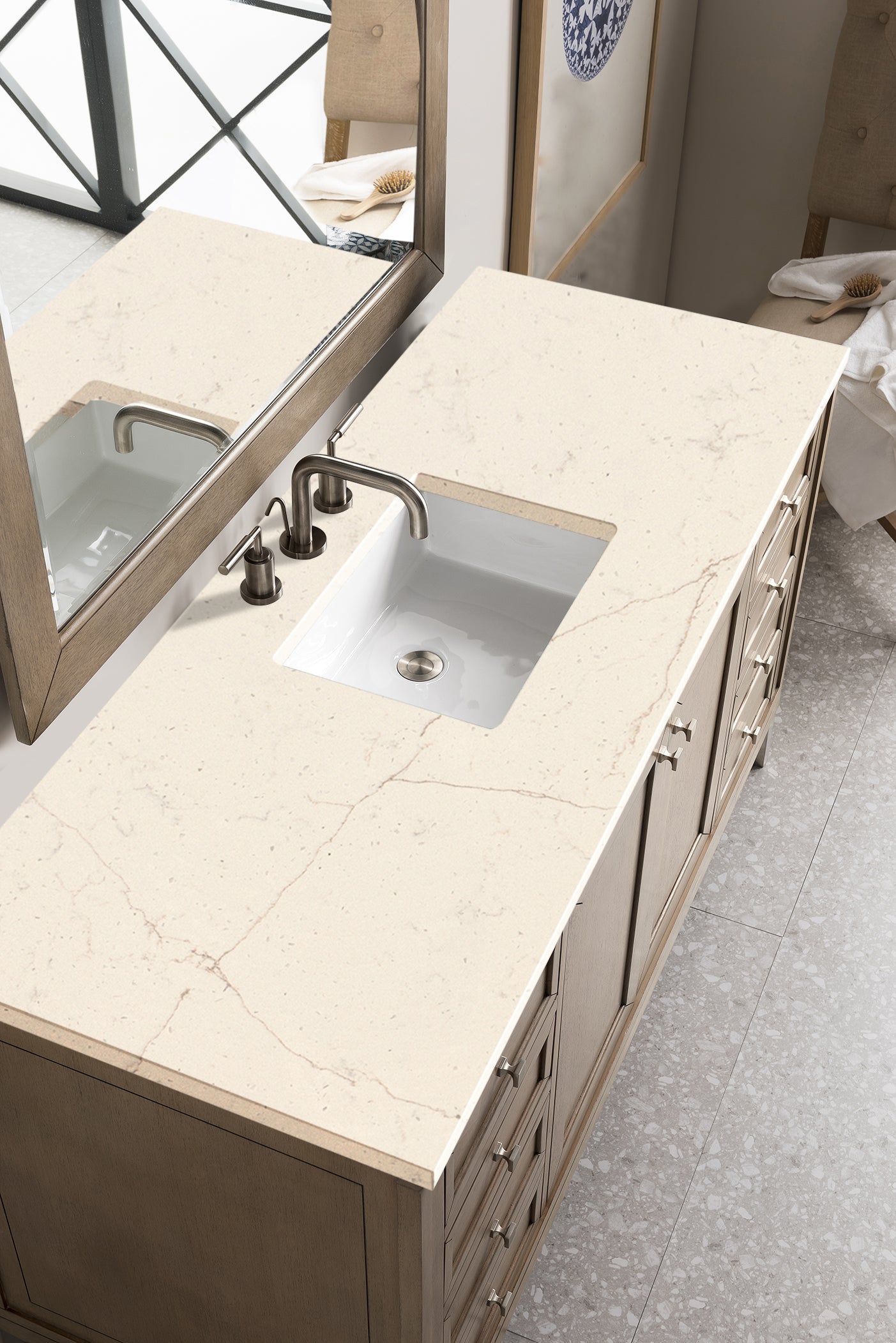 Chicago 60" Single Vanity, Whitewashed Walnut w/ 3 CM Eternal Marfil Quartz Top James Martin Vanities