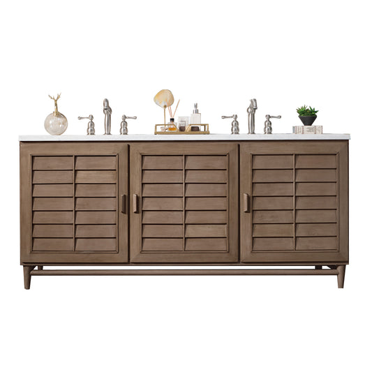 Portland 72" Double Vanity Whitewashed Walnut w/ 3 CM Arctic Fall Solid Surface Top James Martin Vanities
