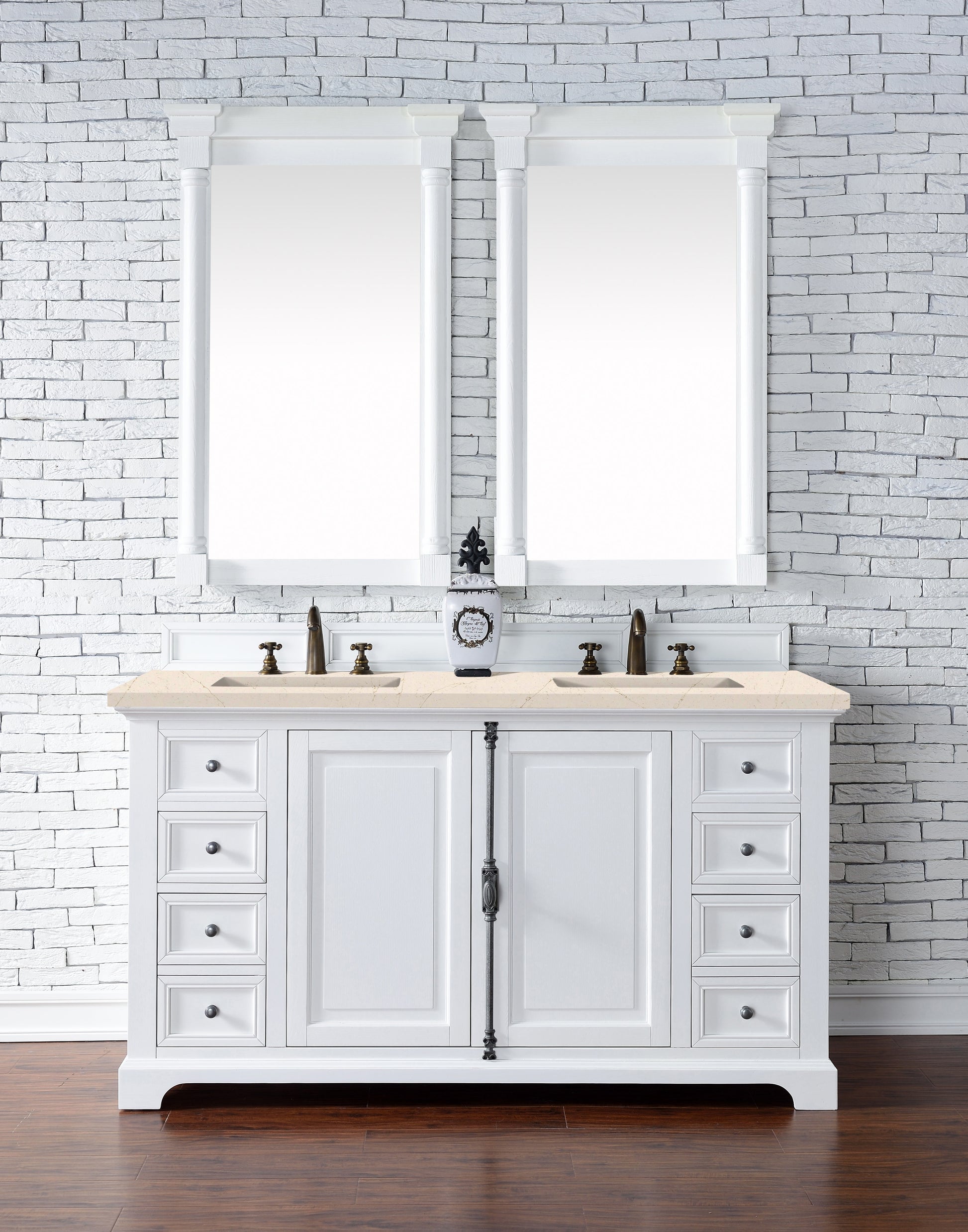 Providence 60" Double Vanity Cabinet, Bright White, w/ 3 CM Eternal Marfil Quartz Top James Martin