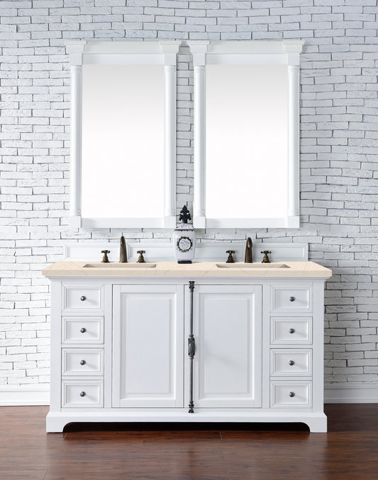 Providence 60" Double Vanity Cabinet, Bright White, w/ 3 CM Eternal Marfil Quartz Top James Martin