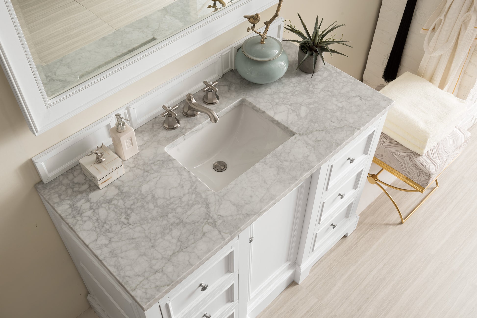 De Soto 48" Single Vanity, Bright White w/ 3 CM Carrara Marble Top James Martin Vanities