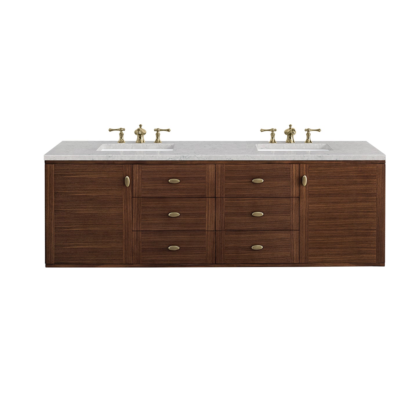 Amberly 72" Double Vanity, Mid-Century Walnut w/ 3CM Eternal Jasmine Pearl Top James Martin Vanities