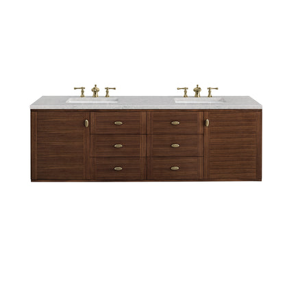 Amberly 72" Double Vanity, Mid-Century Walnut w/ 3CM Eternal Jasmine Pearl Top James Martin Vanities