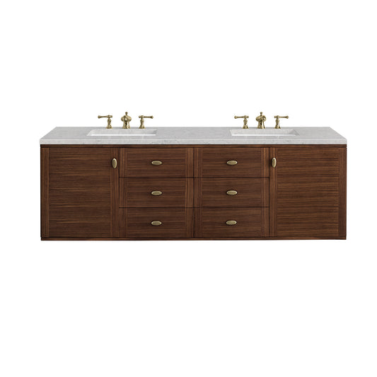 Amberly 72" Double Vanity, Mid-Century Walnut w/ 3CM Eternal Jasmine Pearl Top James Martin Vanities