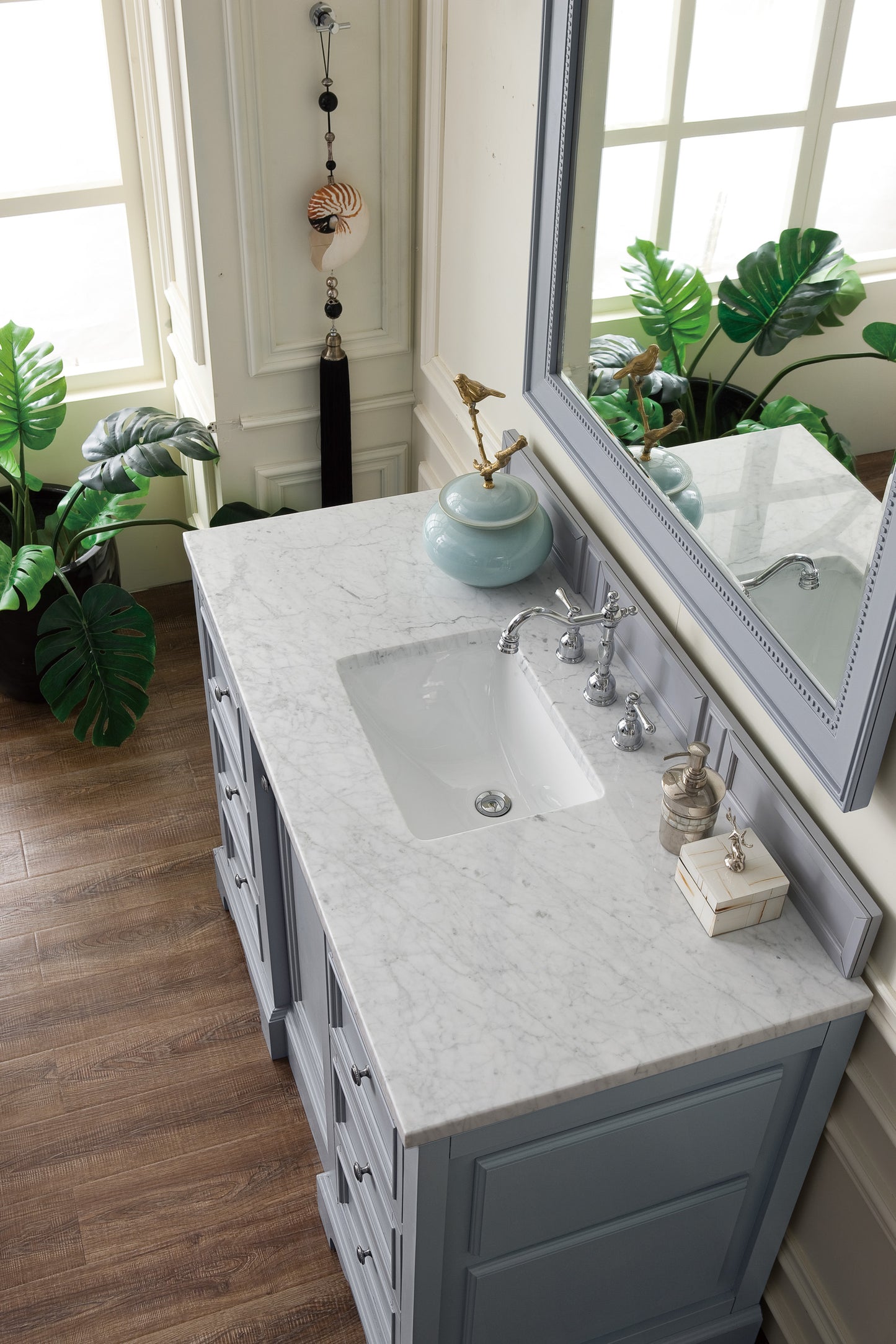 De Soto 48" Single Vanity, Silver Gray w/ 3 CM Carrara Marble Top James Martin Vanities