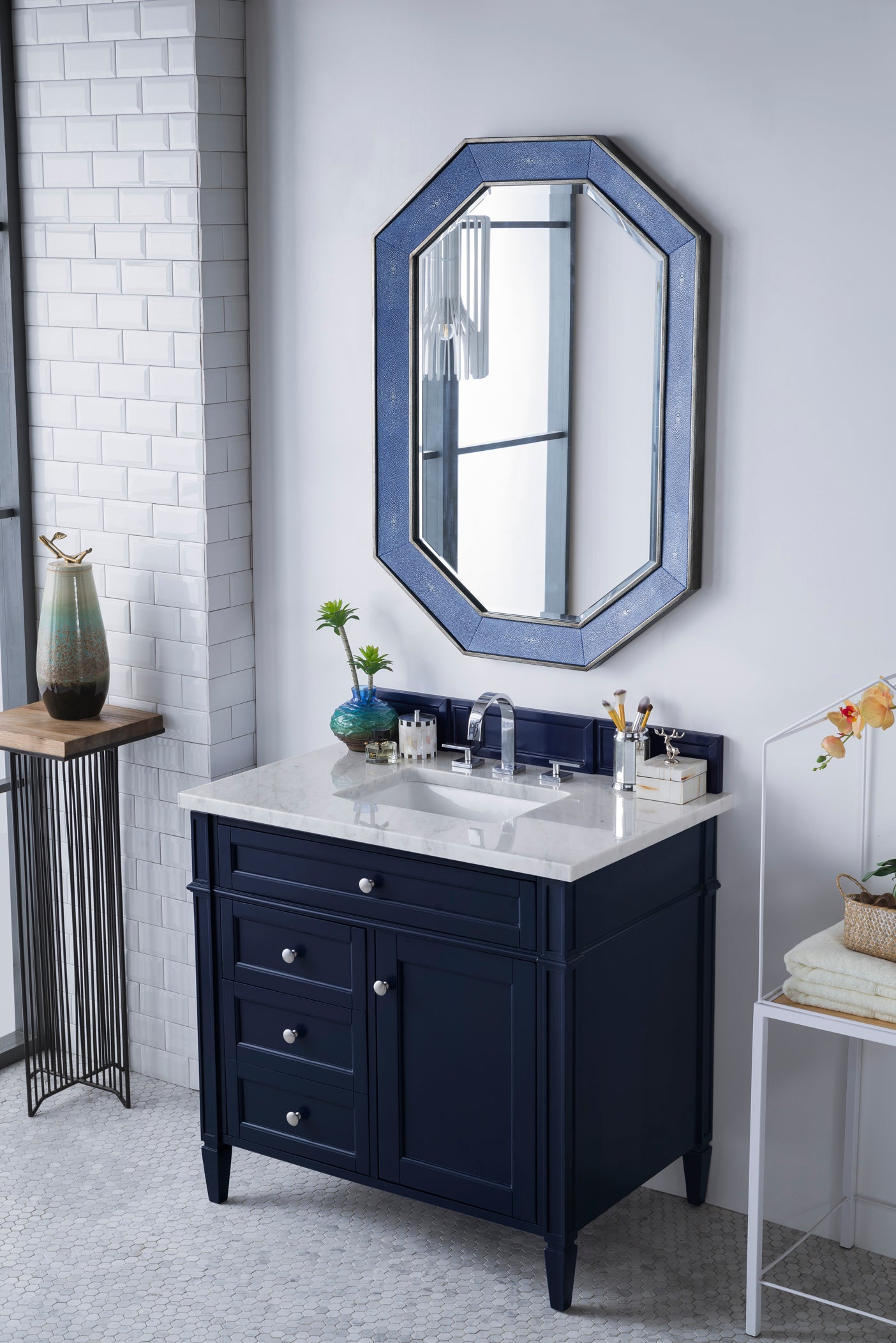 Brittany 36" Victory Blue Single Vanity w/ 3 CM Carrara Marble Top James Martin Vanities