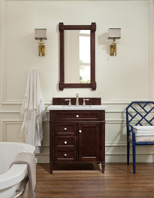 Brittany 30" Single Vanity, Burnished Mahogany, w/ 3 CM Eternal Jasmine Pearl Quartz Top James Martin Vanities