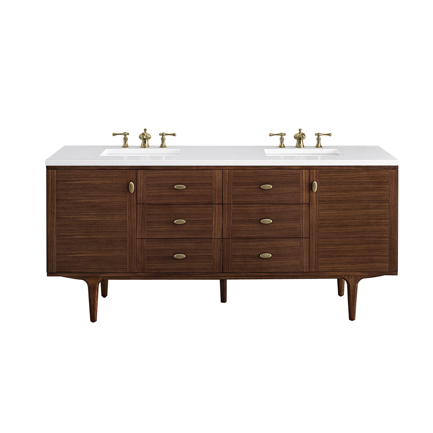 Amberly 72" Double Vanity, Mid-Century Walnut w/ 3CM White Zeus Top James Martin Vanities