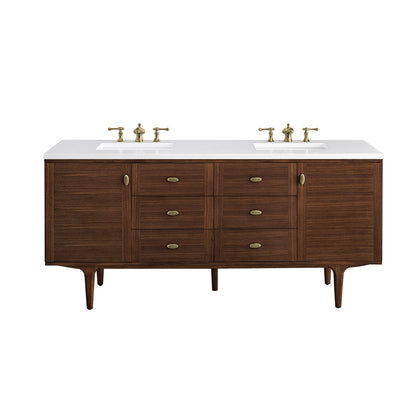 Amberly 72" Double Vanity, Mid-Century Walnut w/ 3CM White Zeus Top James Martin Vanities