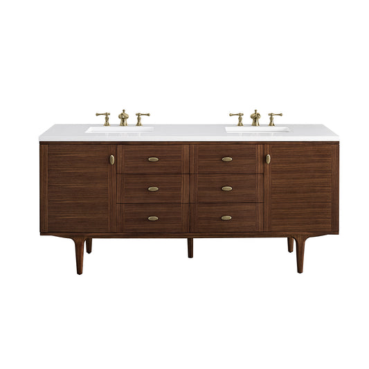 Amberly 72" Double Vanity, Mid-Century Walnut w/ 3CM White Zeus Top James Martin Vanities