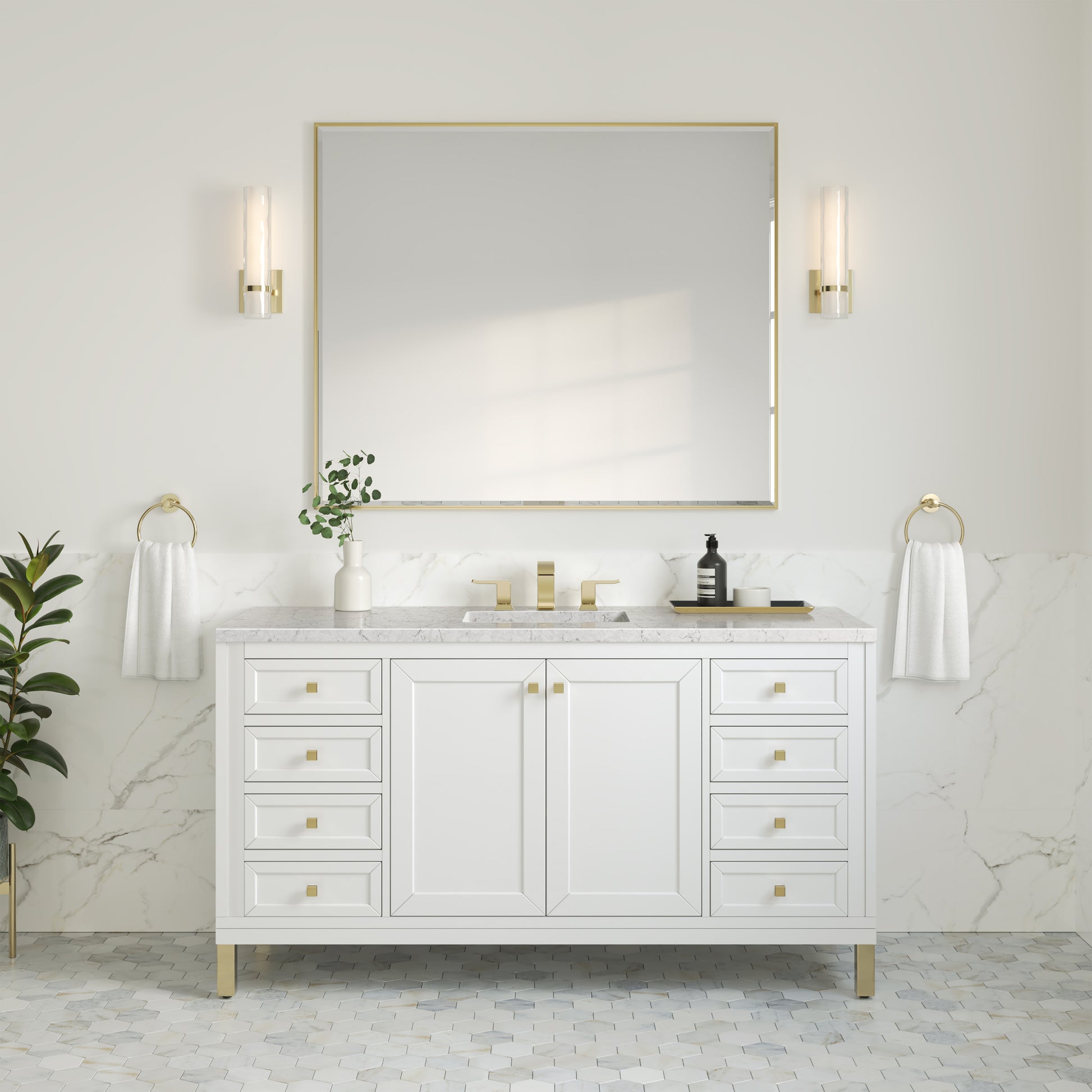 Chicago 60" Single Vanity, Glossy White w/ 3CM Eternal Jasmine Pearl Top James Martin Vanities