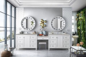 Copper Cove Encore 122" Double Vanity Set, Bright White w/ Makeup Table, 3 CM Eternal Serena Quartz Top James Martin Vanities