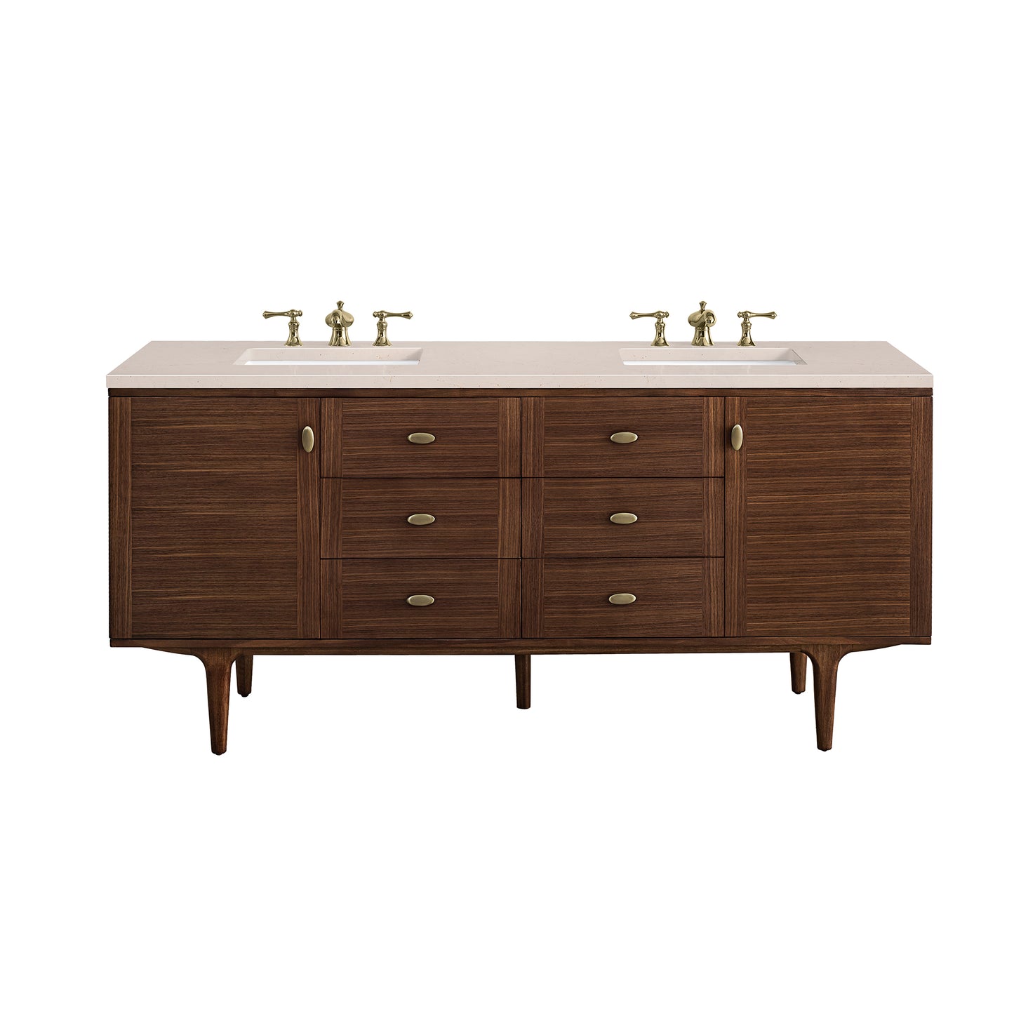 Amberly 72" Double Vanity, Mid-Century Walnut w/ 3CM Eternal Marfil Top James Martin Vanities