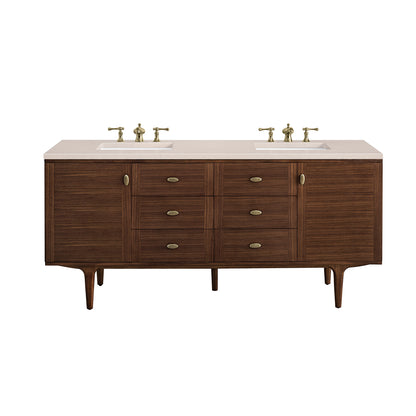 Amberly 72" Double Vanity, Mid-Century Walnut w/ 3CM Eternal Marfil Top James Martin Vanities